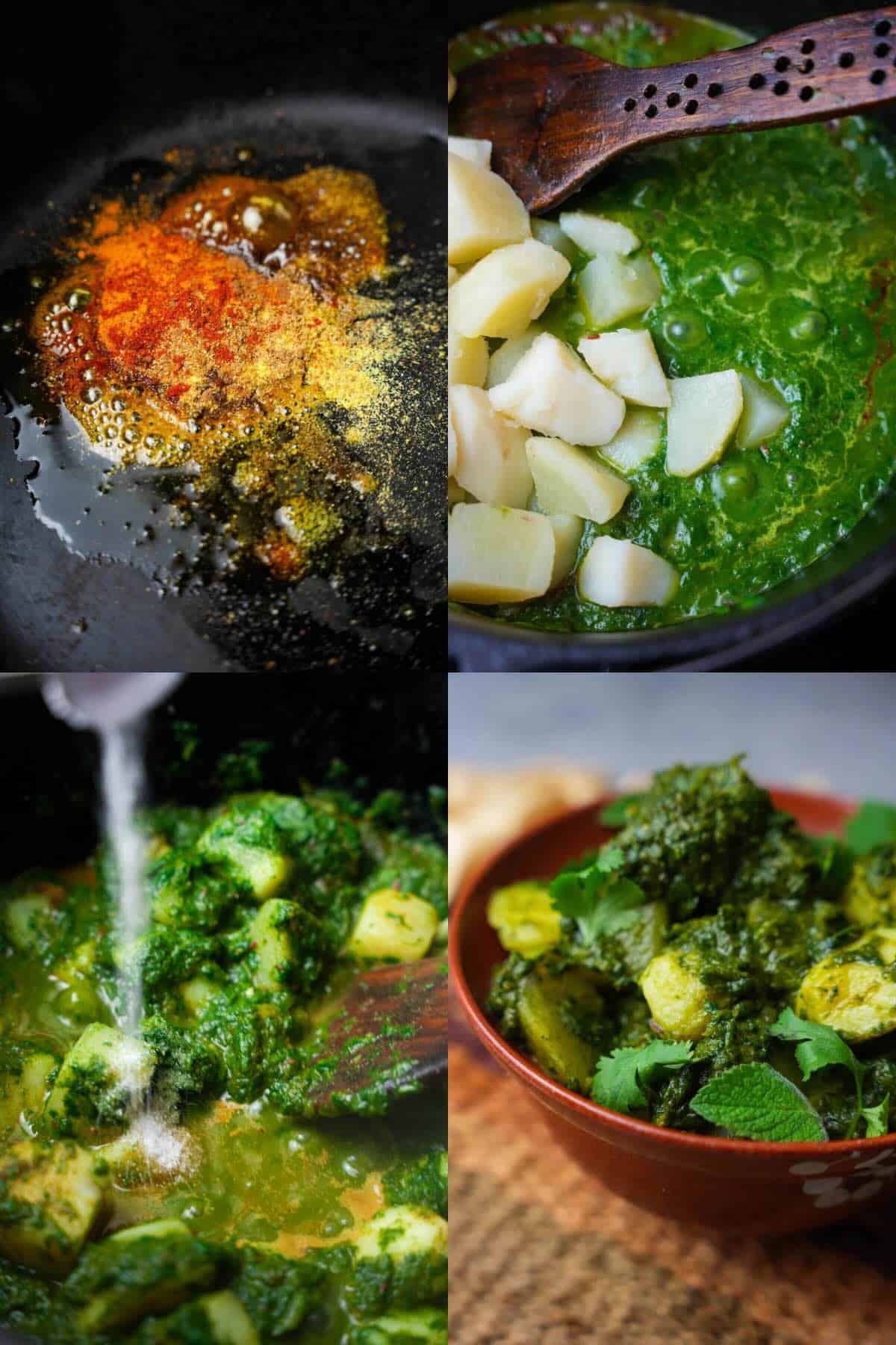 A collage of pictures of the final steps of cooking otatoes in spices and the addition of pureeed spinach, and the plating and garnishing of saag aloo.