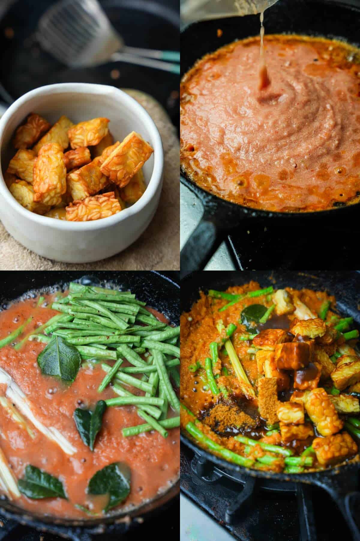A series of photos showing Sambal being fried and then long beans, lime leaves, and fried tempeh being added into it.