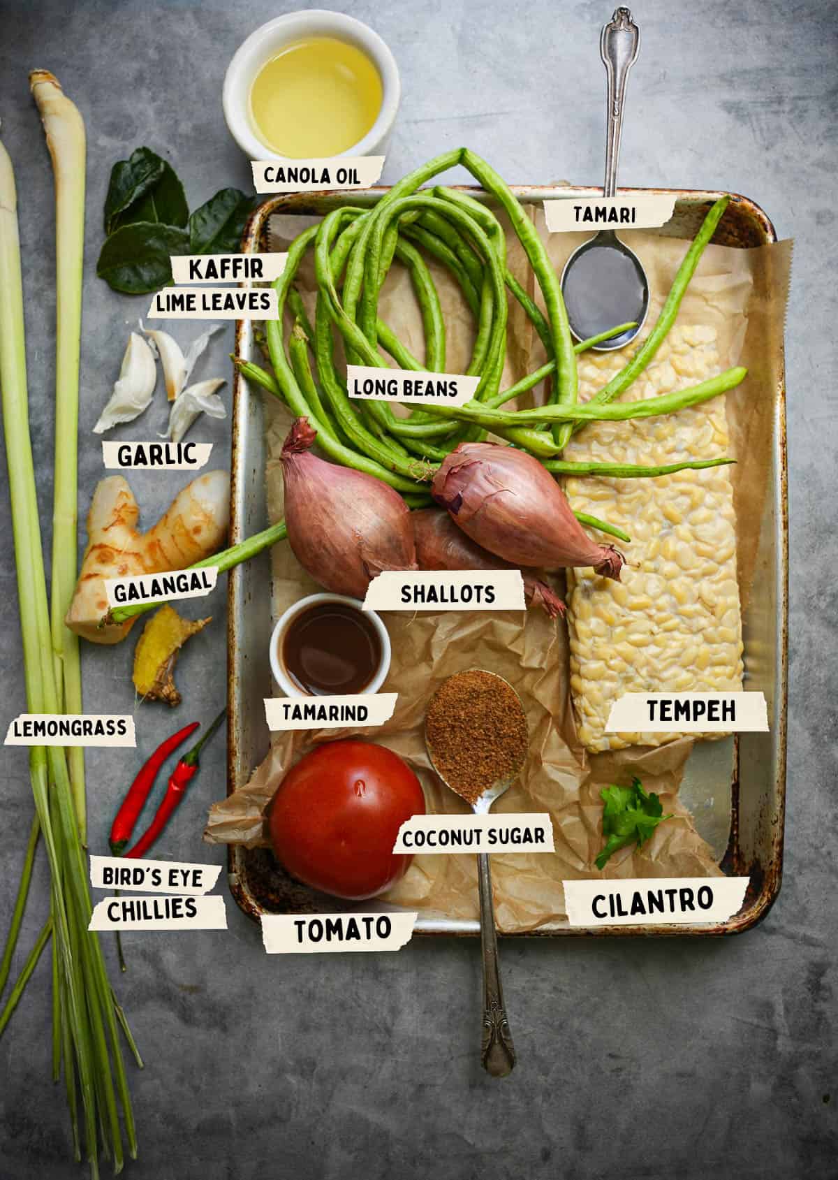 Ingredients for making sambal goreng are measured out and labeled on a metal tray.