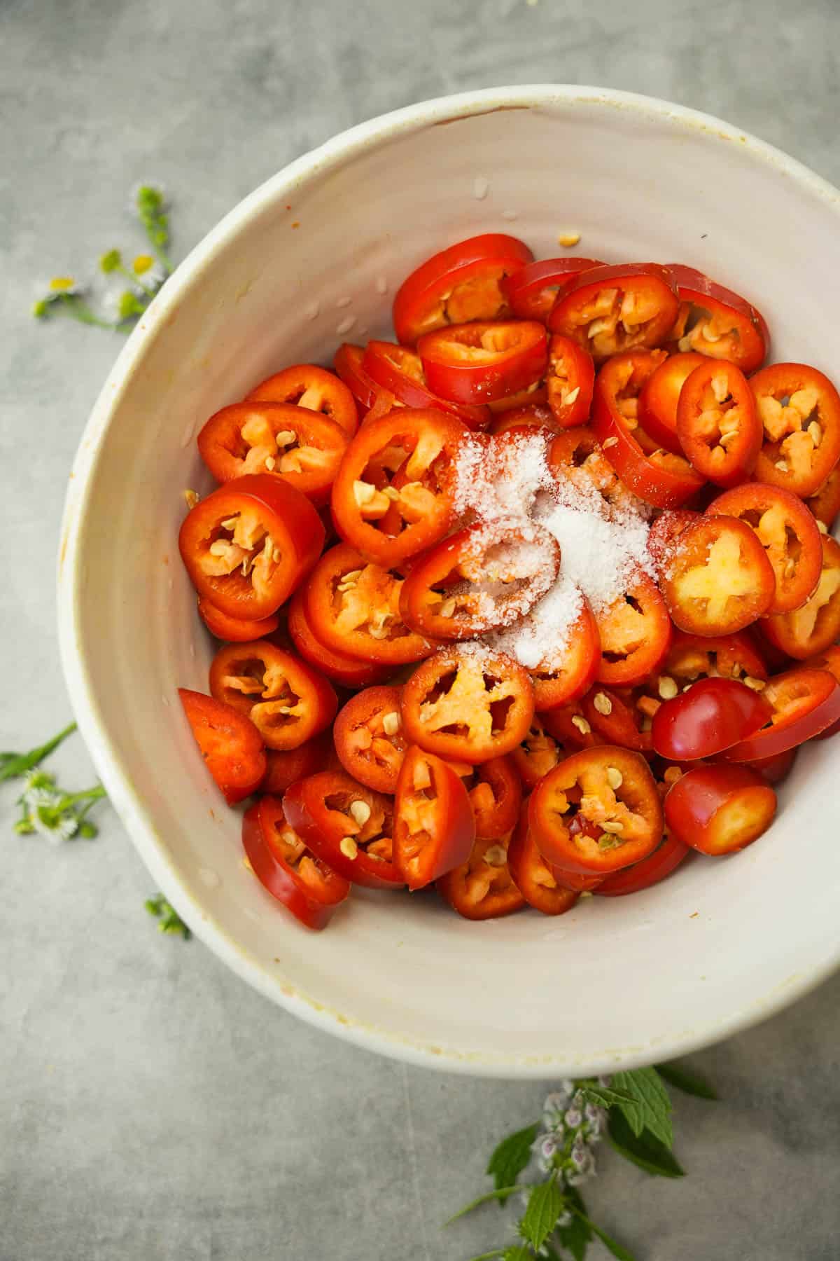 sliced chilies in a white bowl with salt.