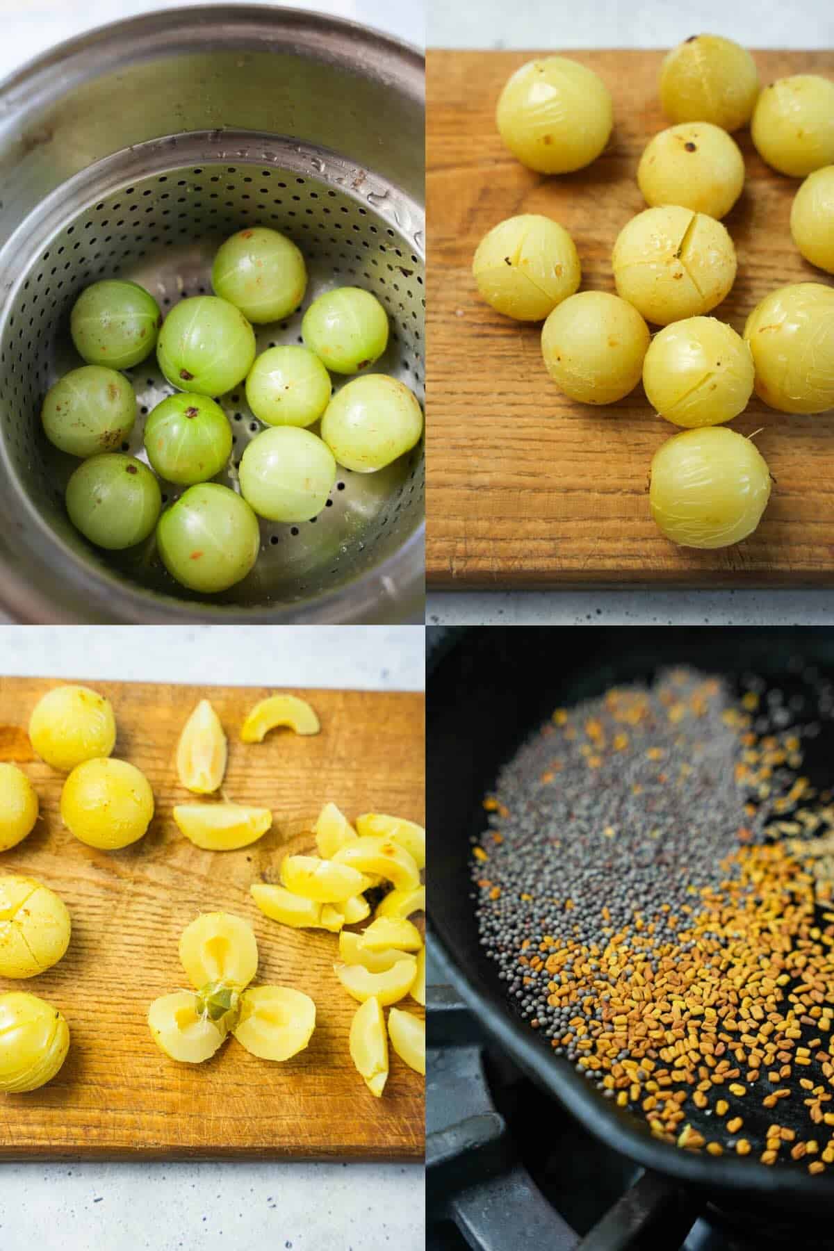 A series of pictures showing how to steam, and remove seeds from amla.