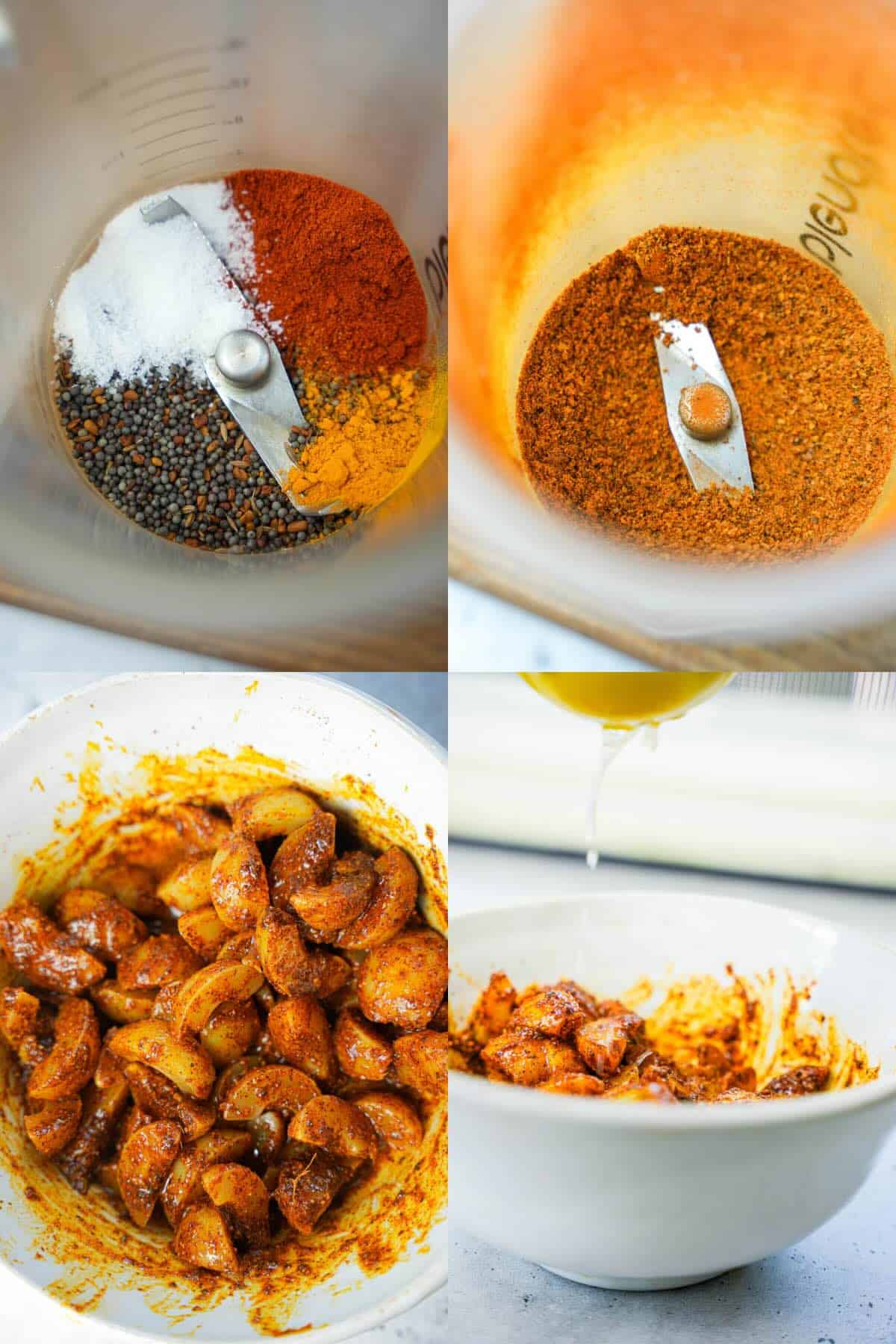A series of photos showing the process of making pickle masala and mixing steamed amla in it.