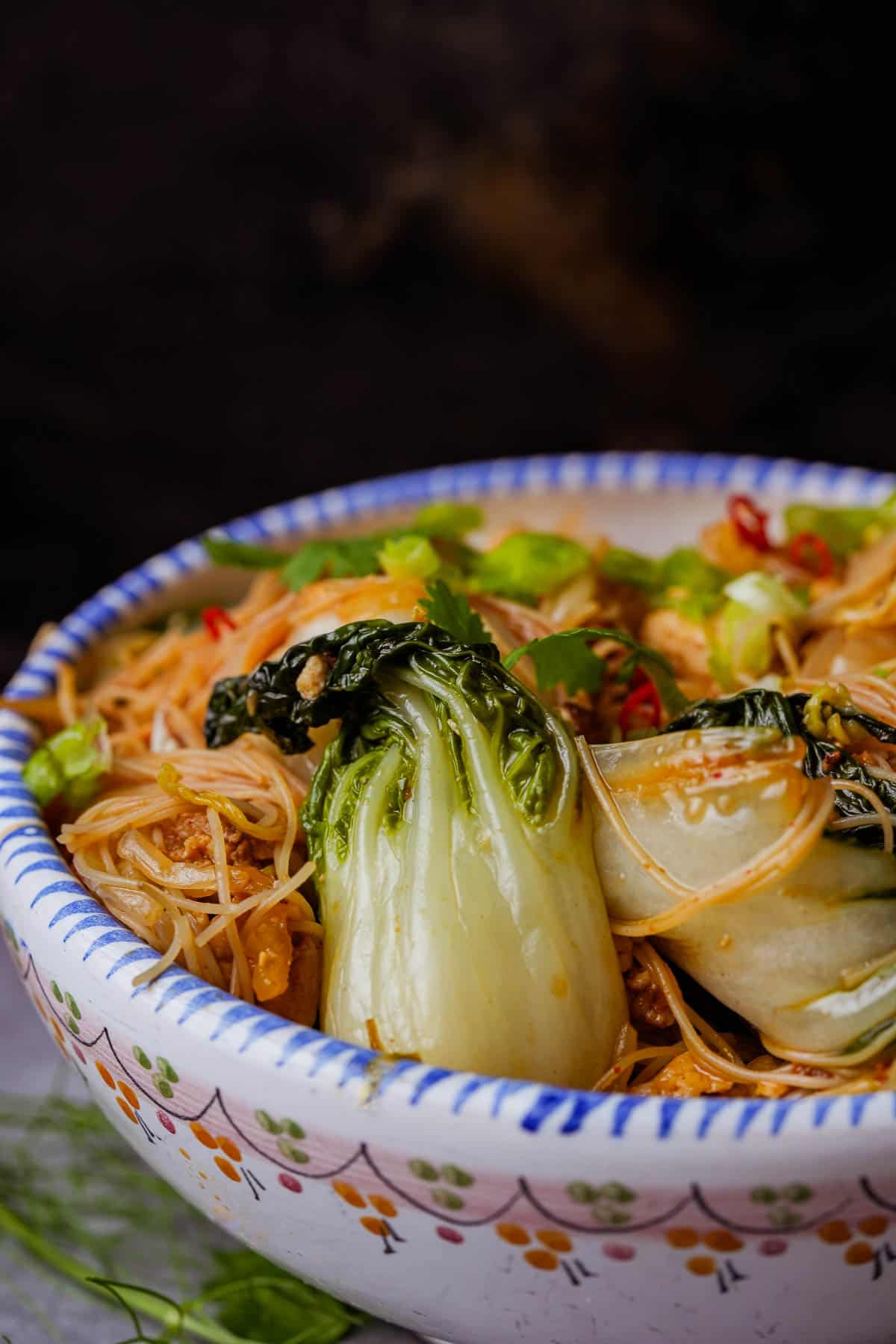 A bowl of bihun goreng with bok choy in it.