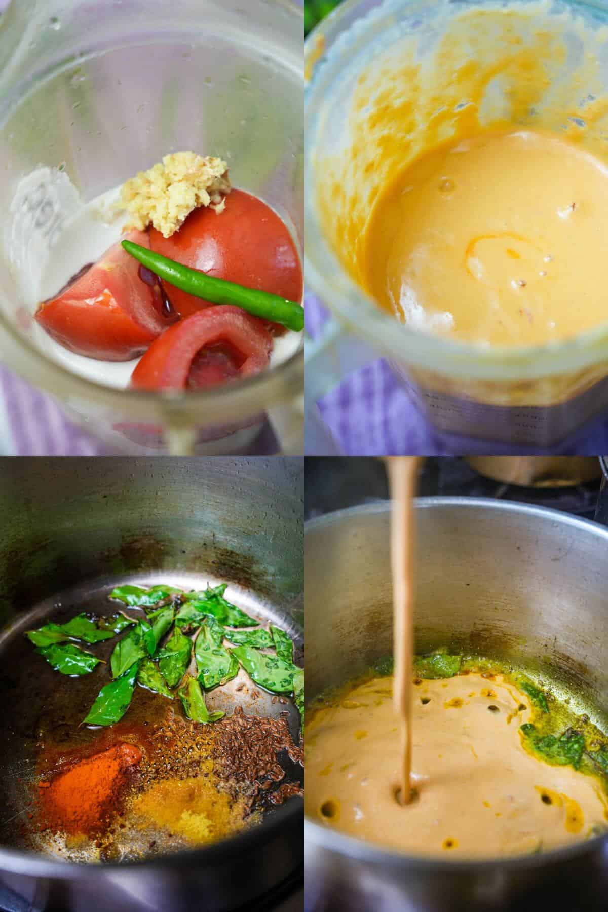 A series of photos showing the process of making a curry sauce in a blender.