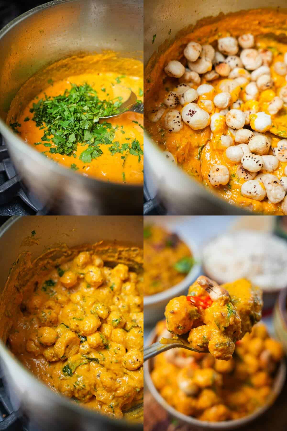 A series of photos showing how to make fox nut curry with phool makhana.