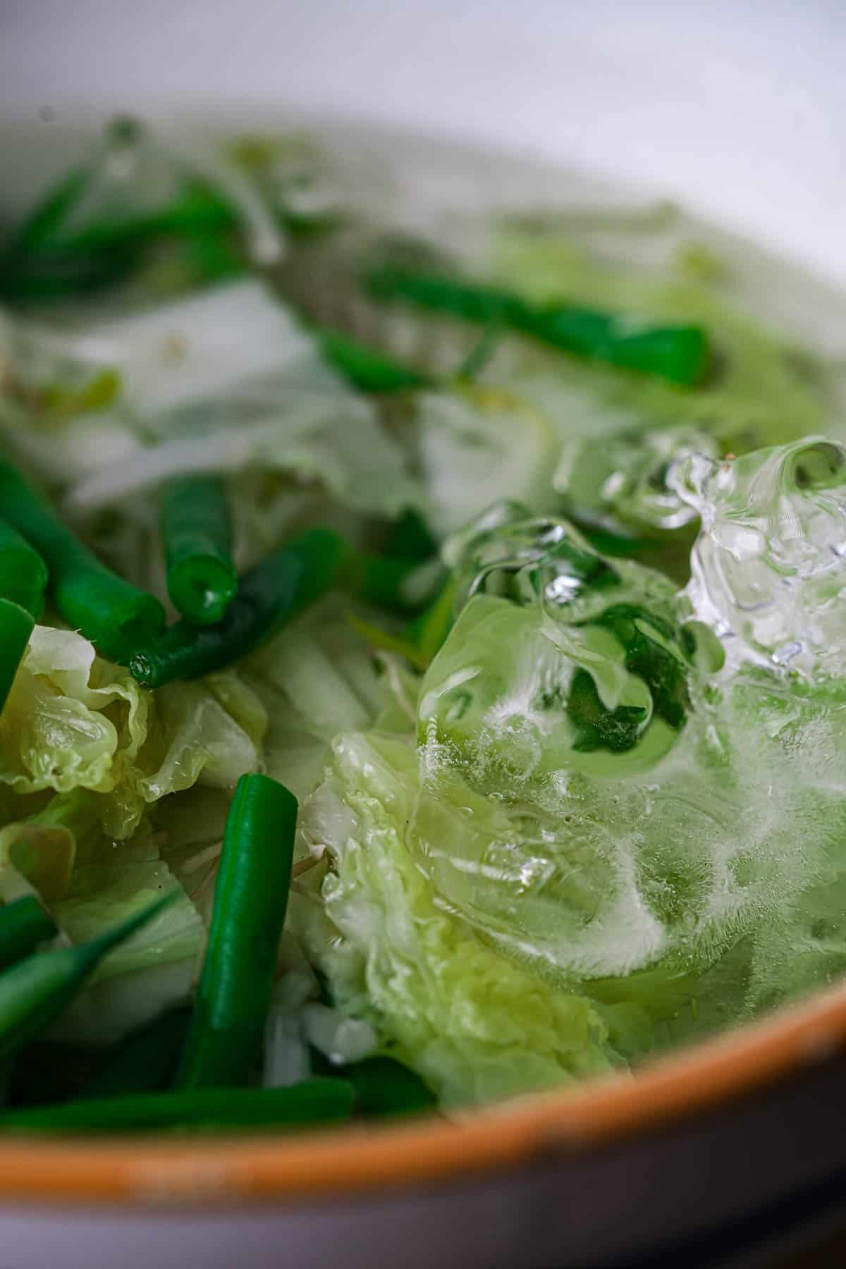 A bowl of blanched vegetables being shocked in ice water.