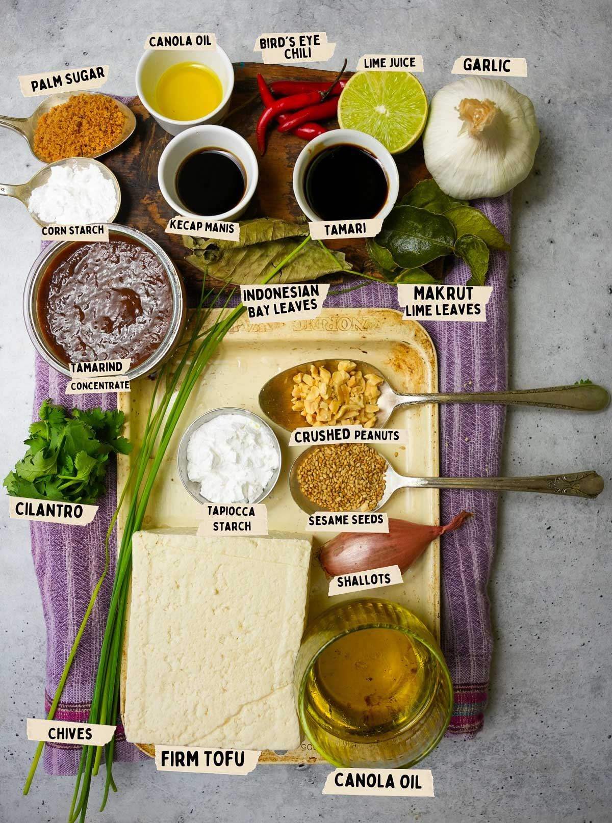 Assorted ingredients for a Tahu Goreng dish on a tray: firm tofu, oils, spices, sauces, herbs, shallots, garlic, peanuts, and lime leaves, with labels for each item.