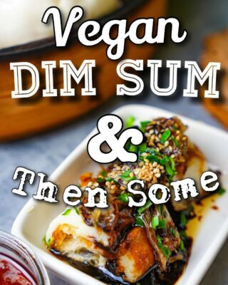 Steamed buns with the text "Vegan dim sum and then some" overlaid on top of it.