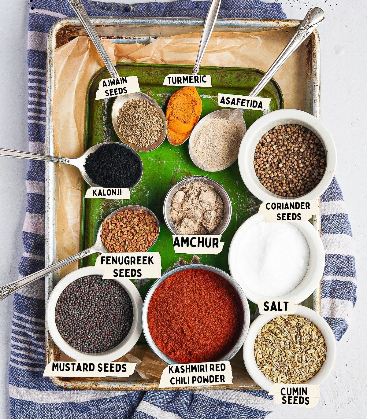 Various spices including ajwain seeds, kalonji, fenugreek seeds, mustard seeds, turmeric, asafetida, amchur, coriander seeds, salt, Kashmiri red chili powder, and cumin seeds for making traditional achar ka masala are artfully arranged on a tray.