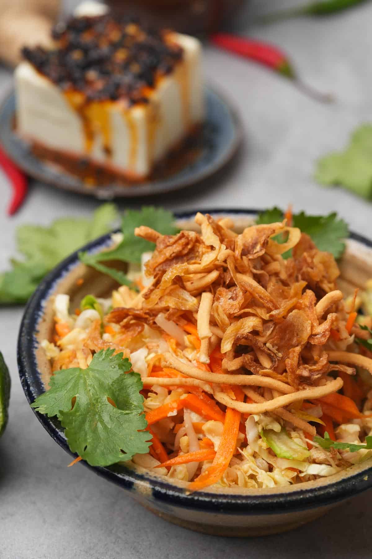 A bowl of Asinan Sayur with tofu and dressing.