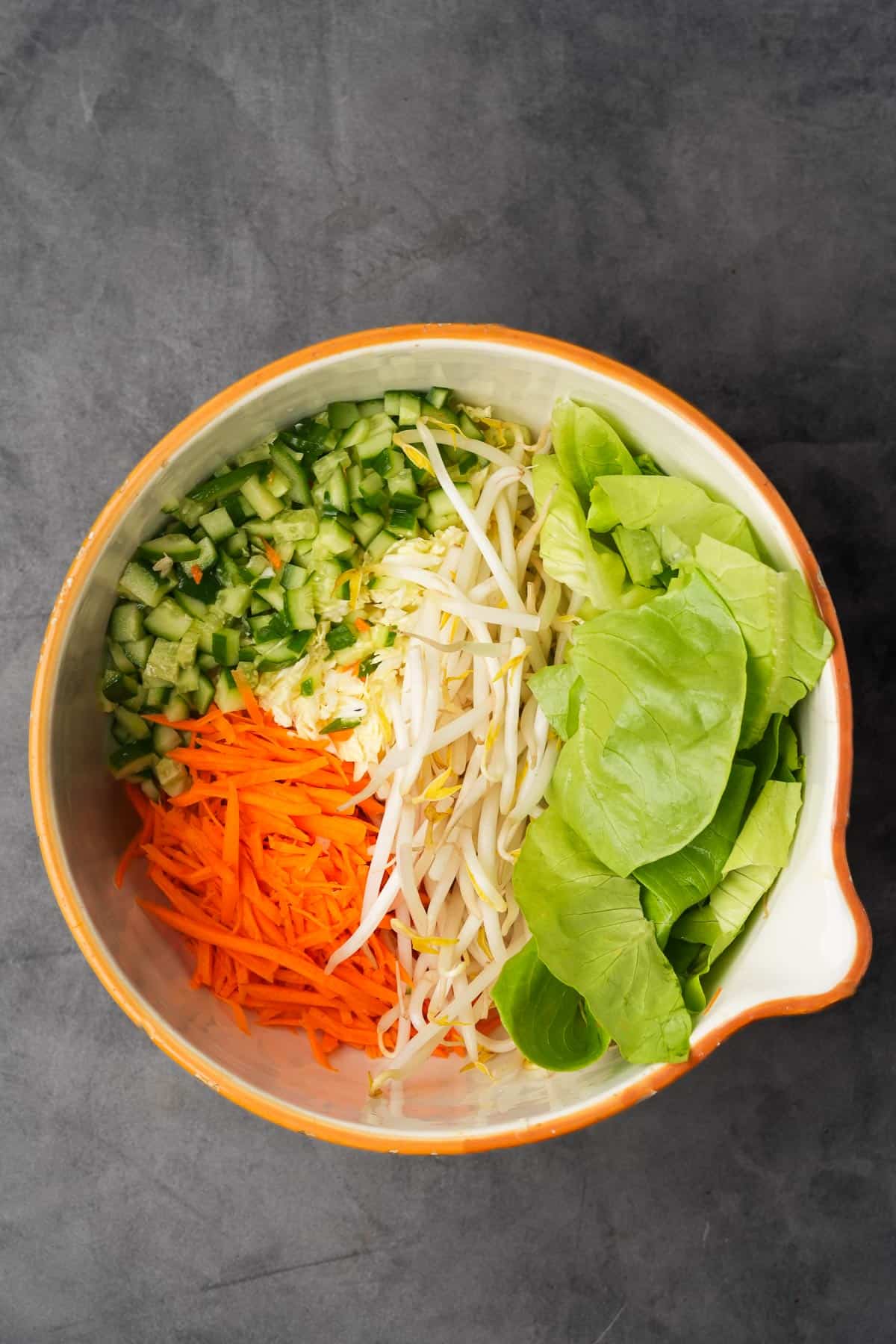 A bowl filled with lettuce, carrots and other vegetables.