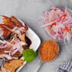 A plate of seitan in kecap manis with sambal matah.