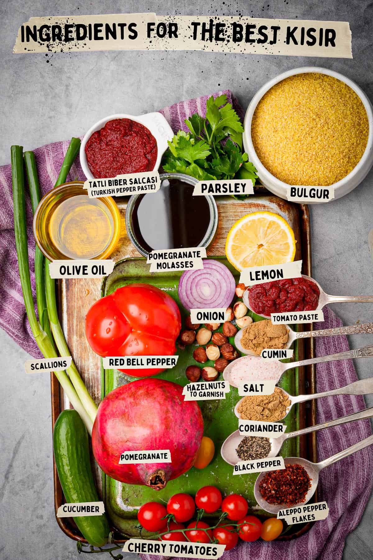 Ingredients for kisir measured out and labeled on a table.