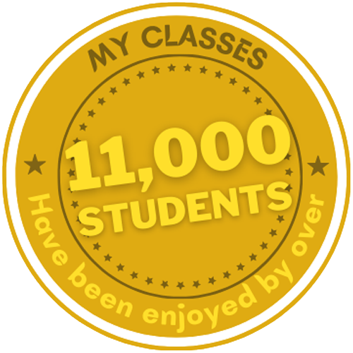 Gold badge with the text: “MY CLASSES, including popular dishes like vegan tacos, have been enjoyed by over 11,000 STUDENTS.”.