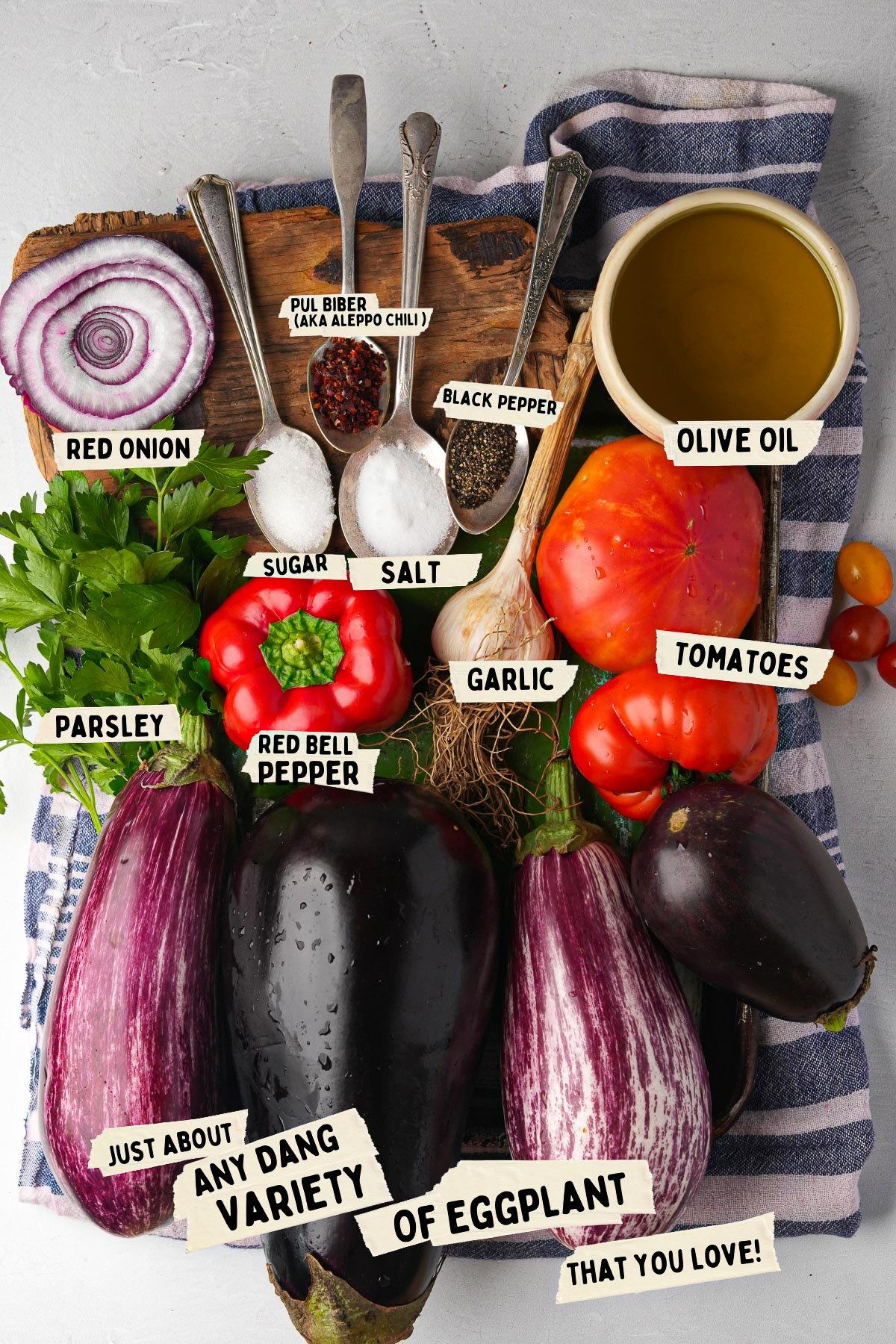 Flat lay of various vegetables and seasonings, including red onion, parsley, garlic, tomatoes, bell pepper, black pepper, salt, sugar, olive oil, and different types of eggplant perfect for making Soslu Patlican on a wooden board.