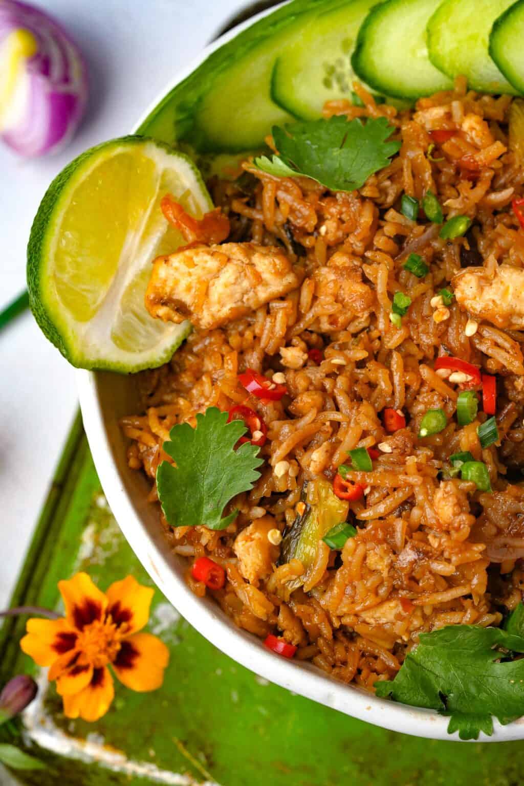 Tom Yum Fried Rice with beancurd and oyster mushrooms