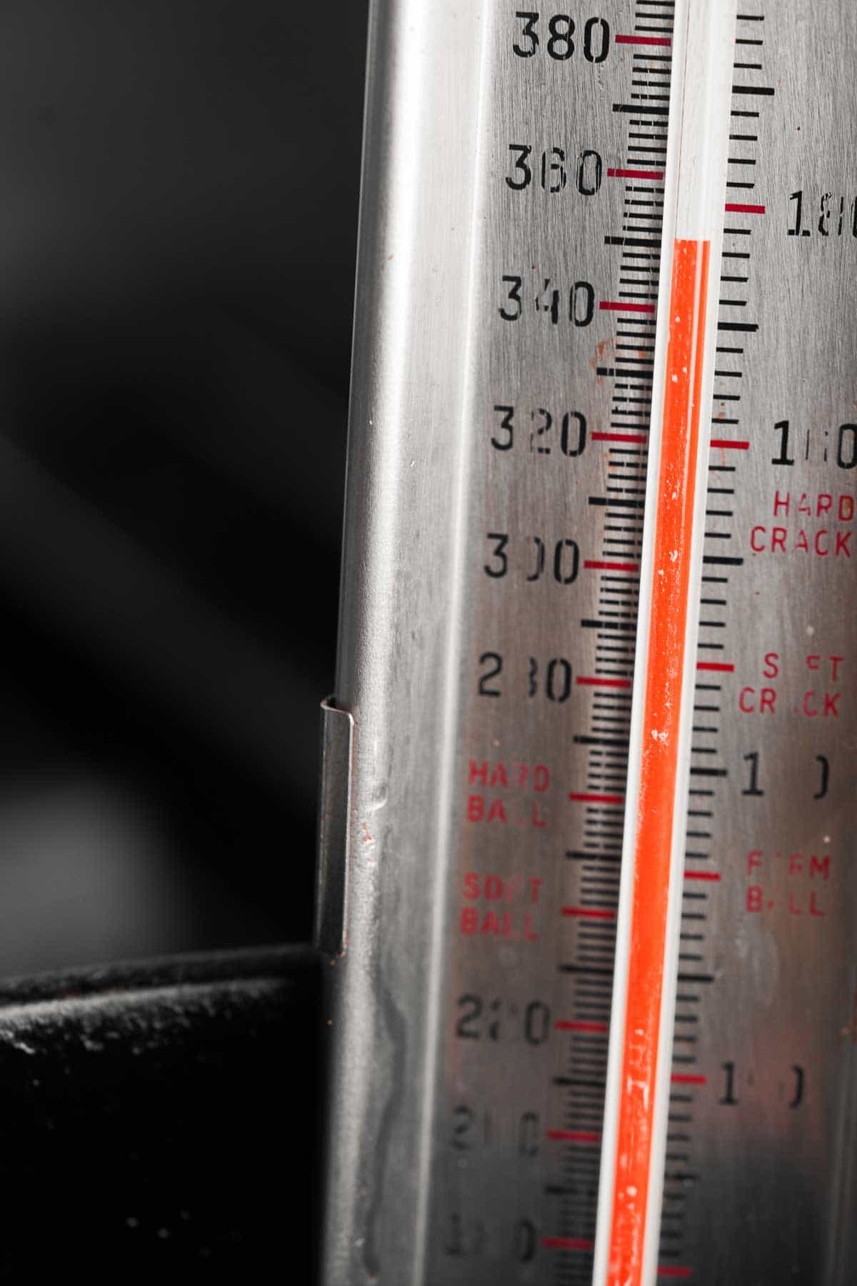 A close up of a thermometer reading 350 degrees.