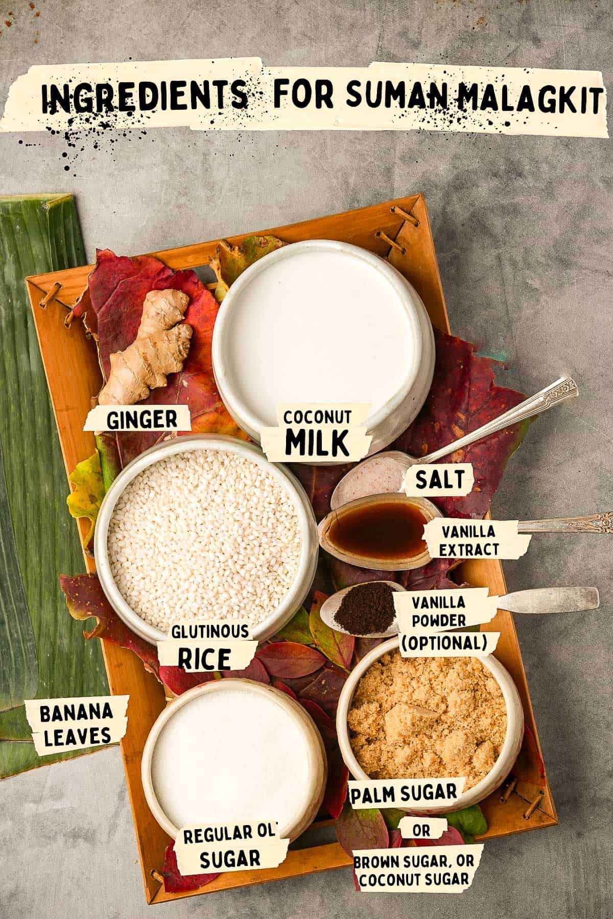 Ingredients for suman malagkit are laid out on a wooden tray.