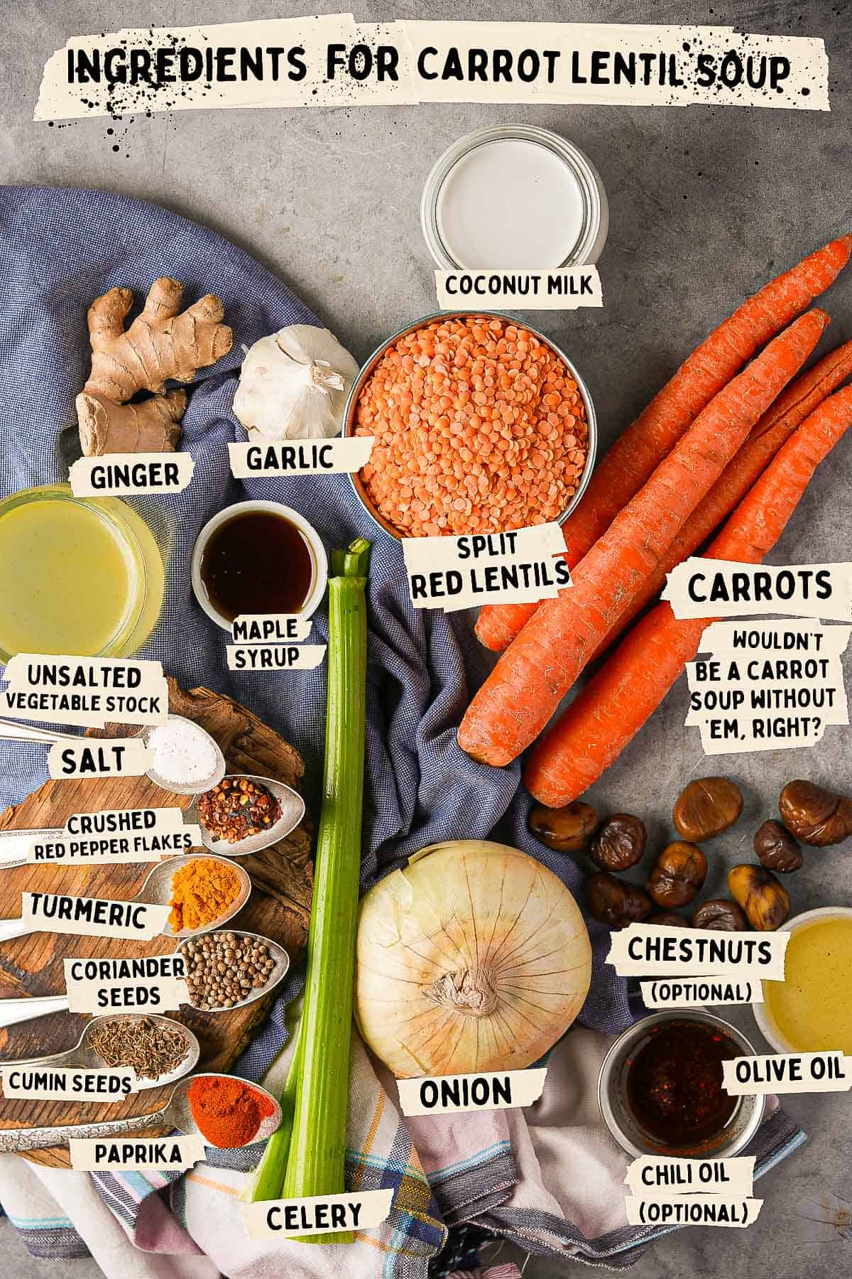 Ingredients for carrot lentil soup.
