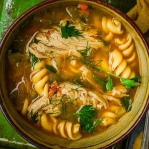 Vegan Chicken Noodle Soup in a bowl.