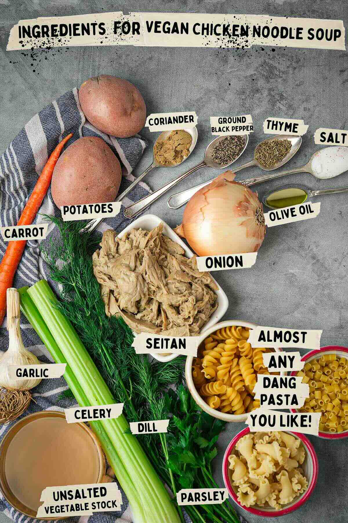 Ingredients for vegan chicken noodle soup.