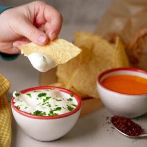 A person is dipping chips into a bowl of dip.
