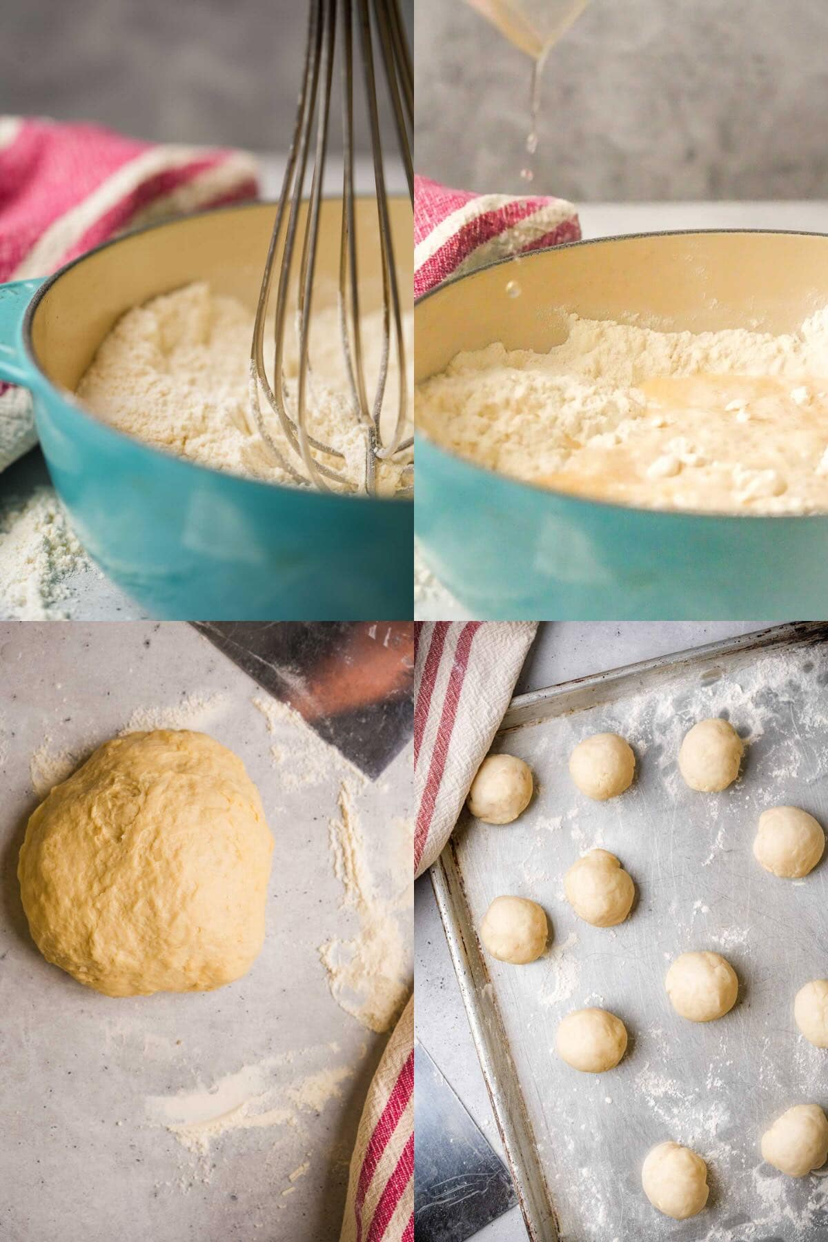 A collage of photos showing how dough is made. step 1: A bowl of flour with a whisk in it. Step 2: A pitcher of wet ingredients is being poured into a bowl of dry ingredients. Step 3: A ball of bunuelo dough on a table next to a knife. Step 4: Dough balls on a baking sheet.