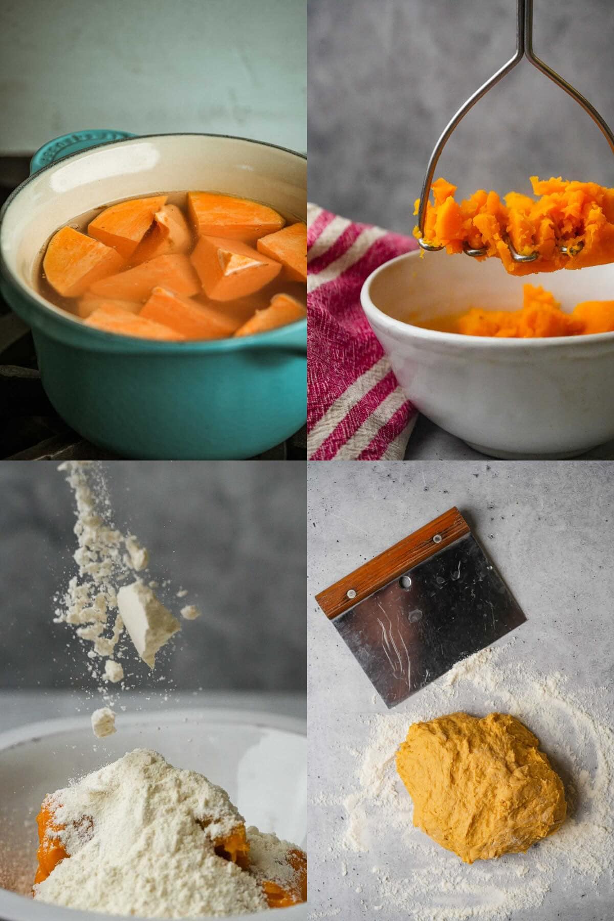 A collage of pictures showing how to make picarones dough.