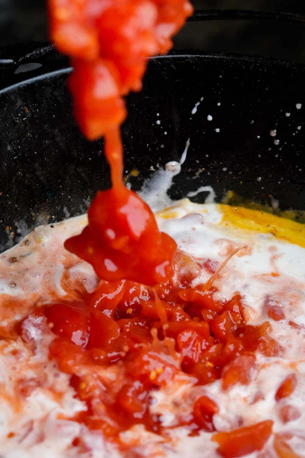 Diced tomato is being poured into a pan with coconut milk and aromatics.