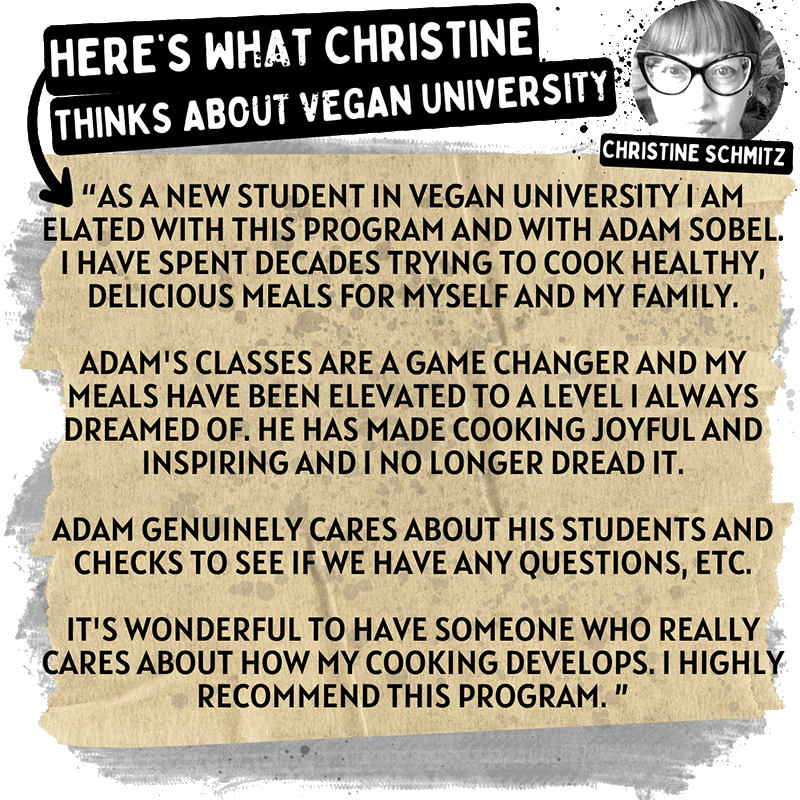 Text testimonial about a positive experience with a vegan university program, highlighting personal growth and recommending the vegan cooking challenge.