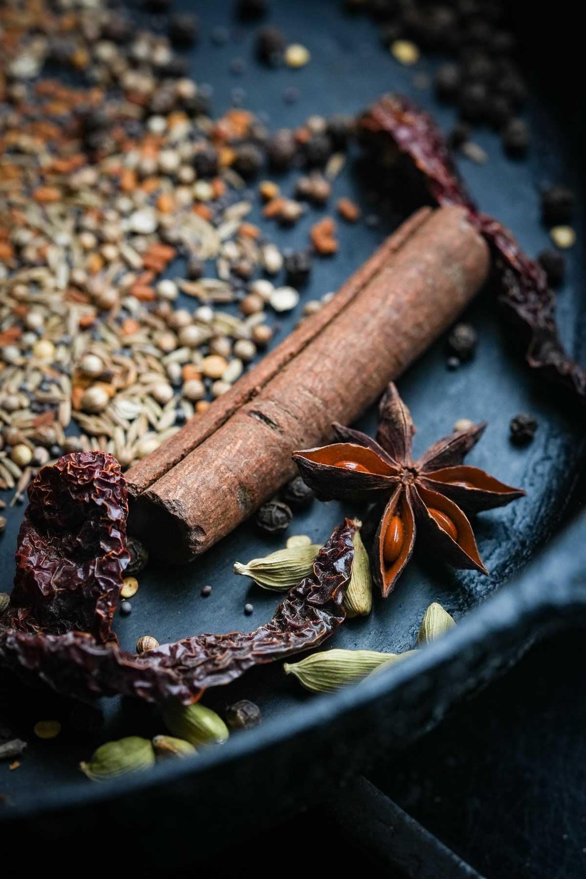 A close-up of a variety of spices toasting in a pan, including a cinnamon stick, star anise, dried chili peppers, and various seeds.