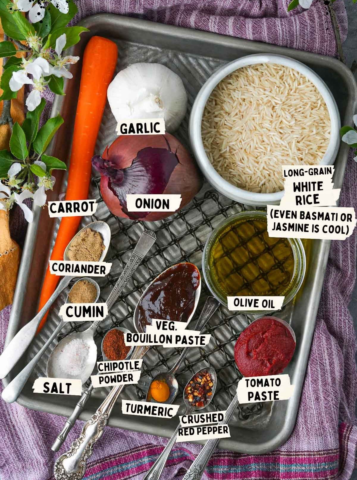 A tray with labeled ingredients for vegan Mexican rice: carrot, garlic, onion, long-grain white rice, olive oil, tomato paste, crushed red pepper, turmeric, chipotle powder, salt, cumin, coriander, and vegetable bouillon paste.