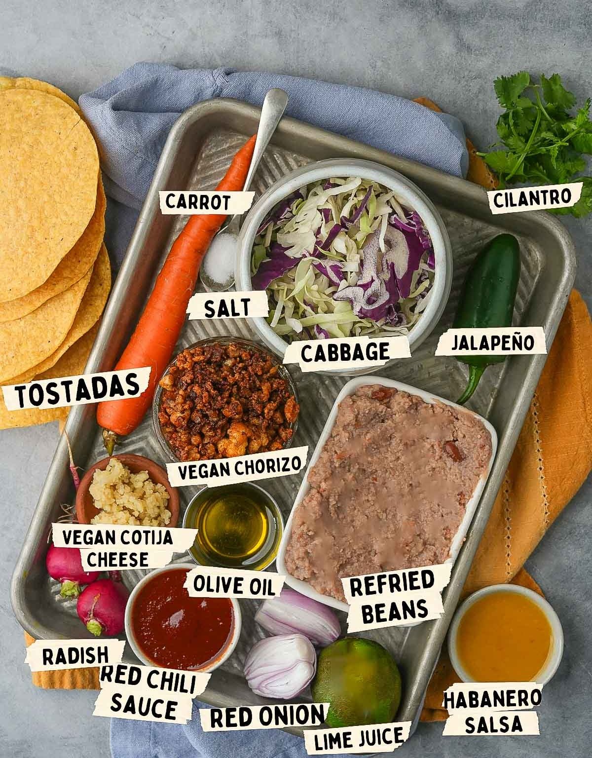 Tray with ingredients for delicious vegan tostadas: tostadas, carrot, cabbage, vegan chorizo, vegan cotija cheese, radish, red chili sauce, red onion, lime juice, refried beans, habanero salsa, olive oil, jalapeño, salt, and cilantro.