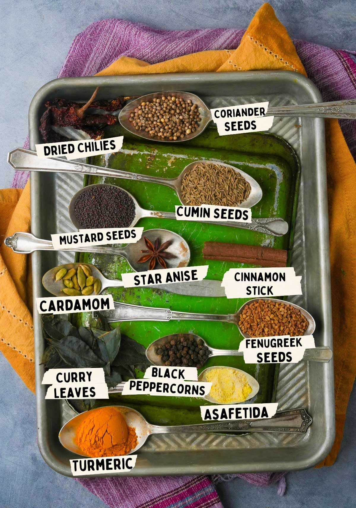 A metal tray holds spoons filled with various spices, including those essential for making Madras curry powder. Each is labeled: dried chilies, mustard seeds, cardamom, curry leaves, turmeric, black peppercorns, fenugreek seeds, asafoetida, cinnamon stick, star anise, cumin seeds, and coriander seeds.