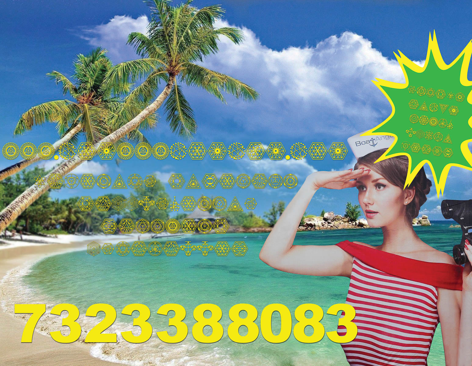 A tropical beach scene with a woman holding a camera, standing beside a large sequence of yellow numbers.