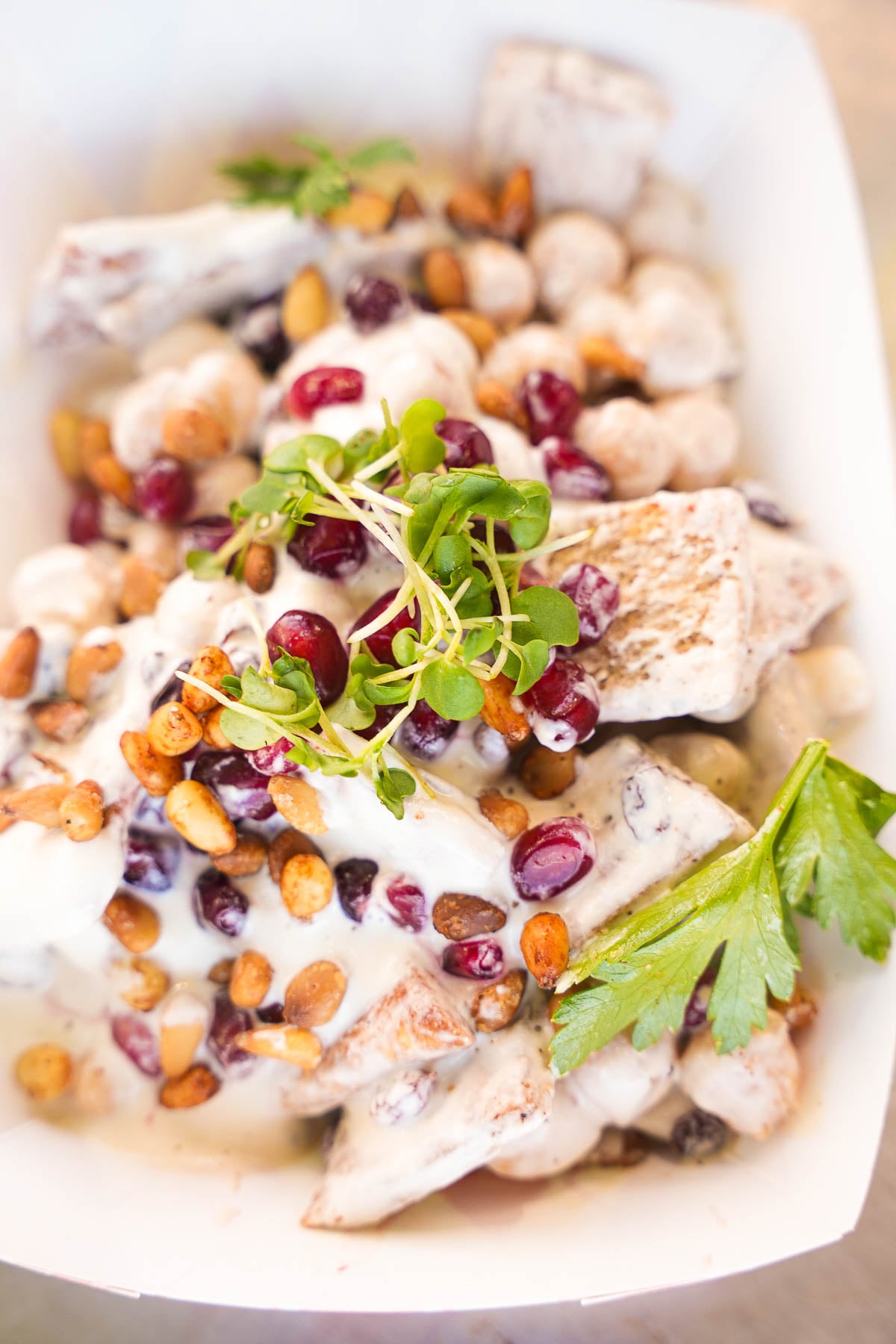 Pine nut fatteh. chili oil roasted pita, mint yogurt, chickpeas & pomegranate seeds.
