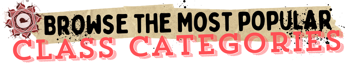 Text saying, "Browse the most popular class categories" in a red and black stylized font, with decorative elements on either end, including a vibrant banner promoting online vegan cooking classes.