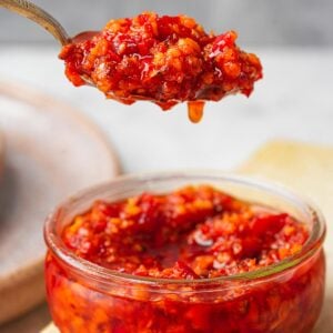 Close-up of a spoon lifting a portion of red chili garlic sauce from a glass jar, showing its chunky texture and vibrant color.
