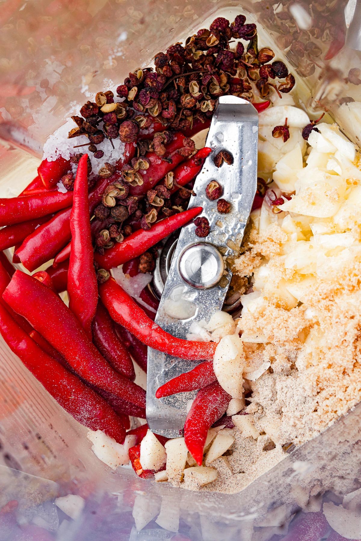 Close-up of a blender with red chili peppers, crushed garlic, chopped onions, crushed red pepper, and other seasonings ready for blending.