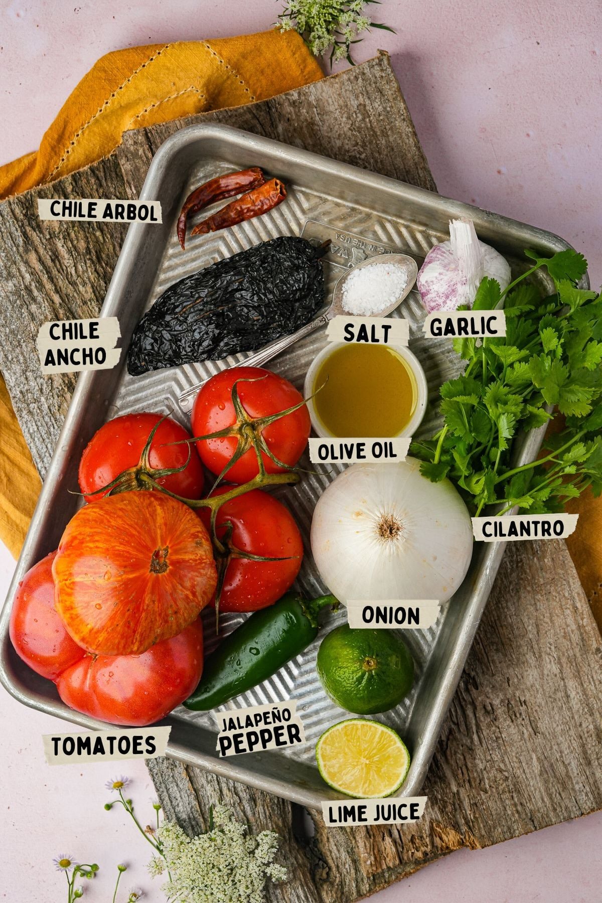 A metal tray holds various labeled ingredients for making salsa roja including tomatoes, jalapeño pepper, lime juice, white onion, cilantro, olive oil, garlic, salt, chile ancho, and chile arbol.