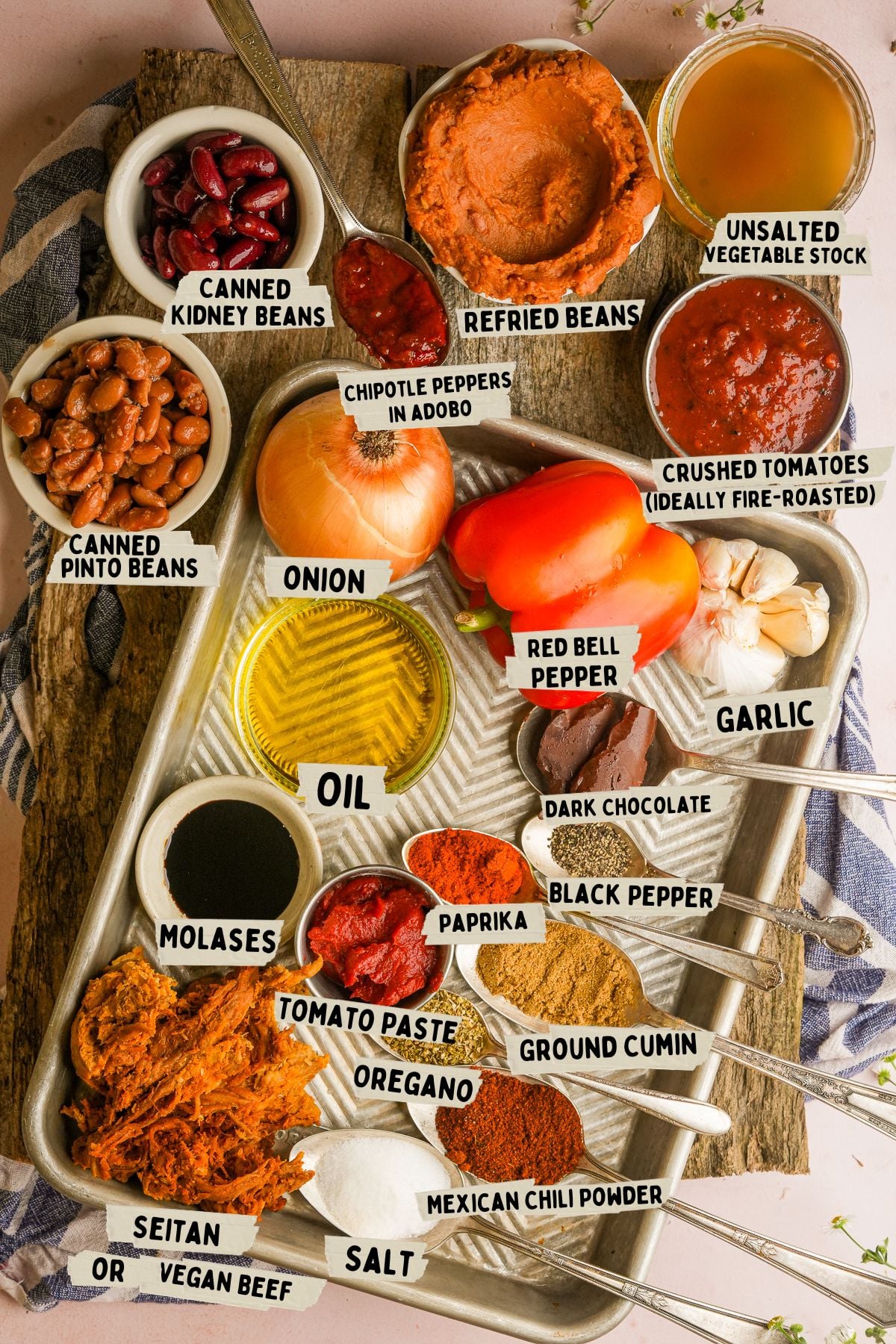A tray with ingredients for vegan chili including canned kidney beans, refried beans, vegetable stock, onion, garlic, red bell pepper, crushed tomatoes, oil, spices, molasses, tomato paste, and seitan.