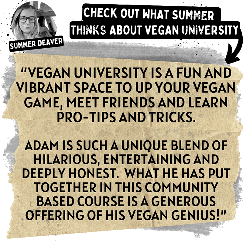 A promotional poster features Summer Deaver endorsing "Vegan University," highlighting it as a vibrant space to learn about veganism. It praises the course creator Adam for his engaging and honest content, with special focus on their dynamic online vegan cooking classes.