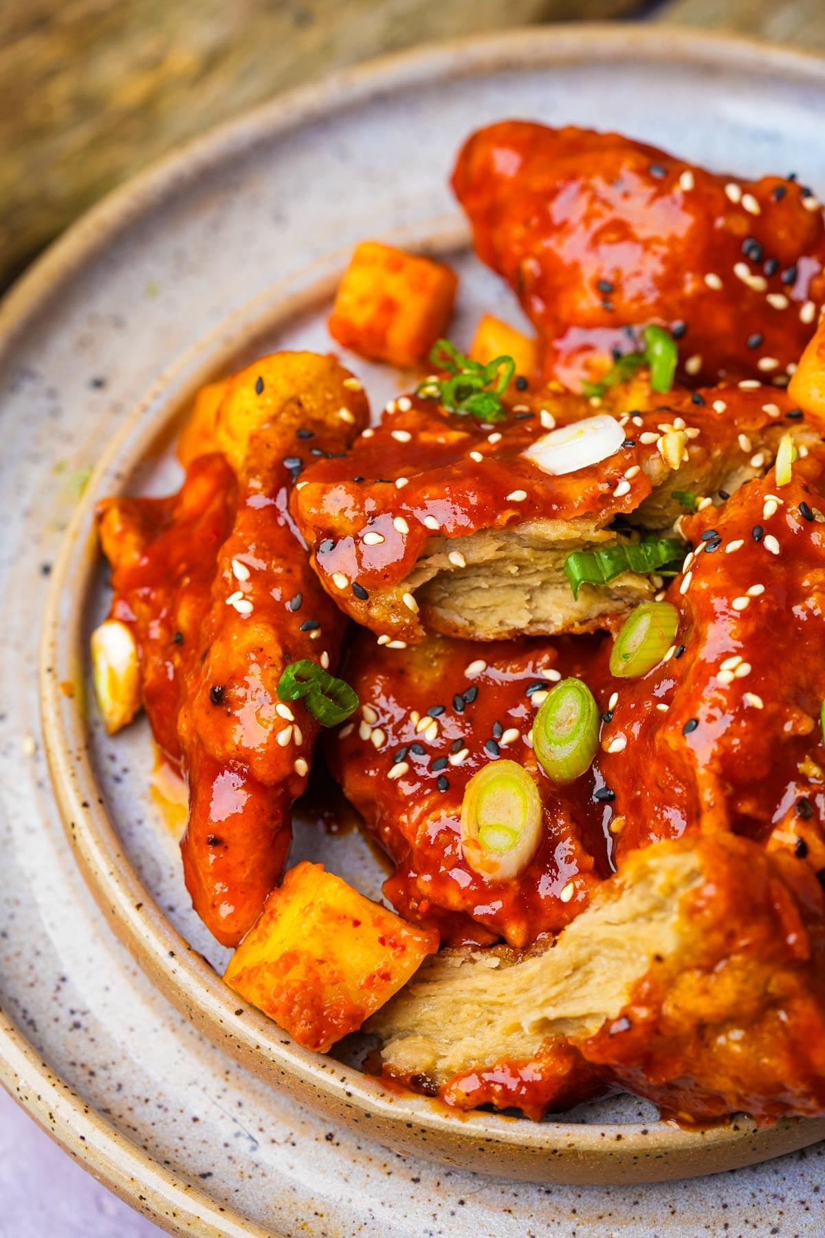 Saucy vegan Korean fried chicken