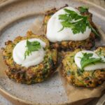 Three vegan zucchini latkes topped with sour cream and fresh herbs on a speckled ceramic plate.