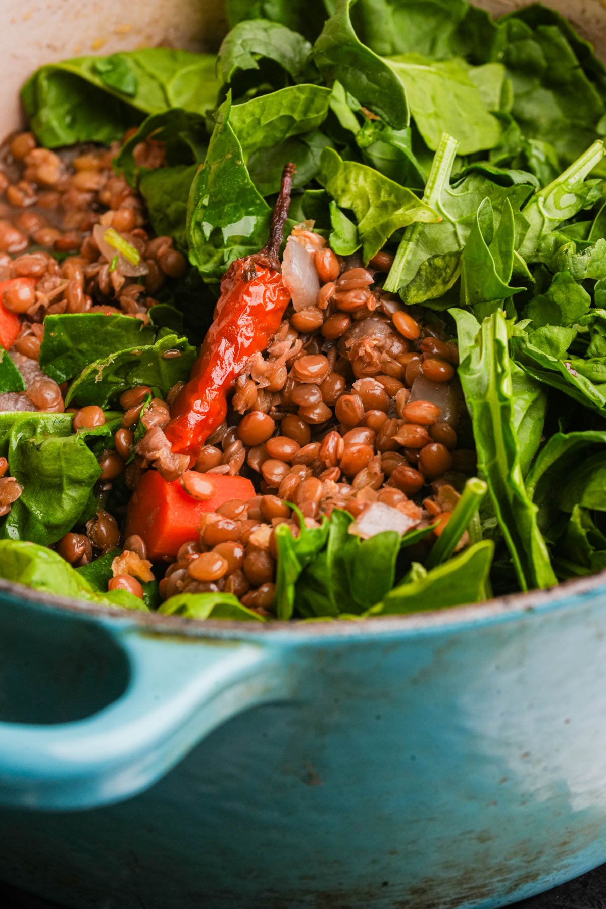 A close-up of cooked Moroccan lentils, spinach, tomato, onions, and a red chili pepper in a blue pot.