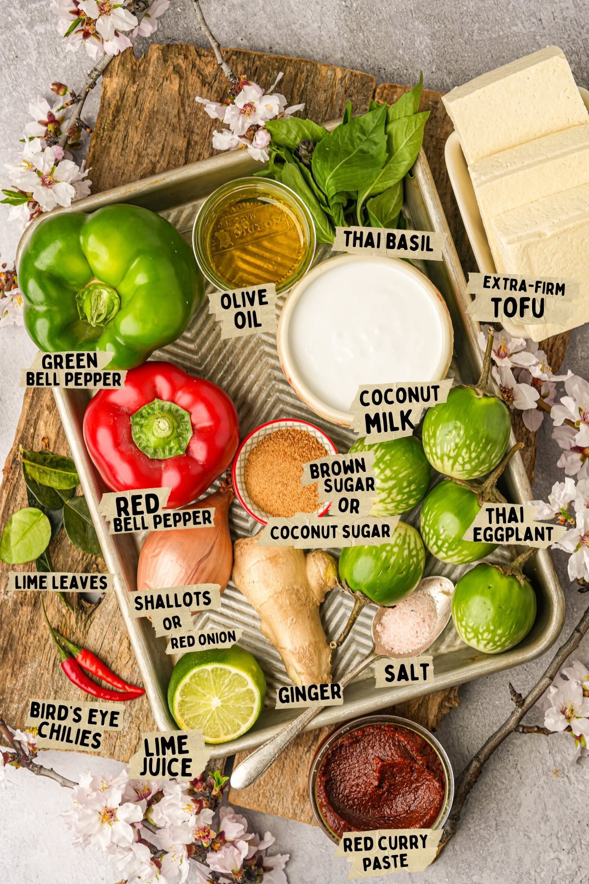 A flat lay of labeled ingredients for a Thai recipe, including green and red bell peppers, tofu, green eggplants, coconut milk, red curry paste, lime juice, ginger, and other seasonings.