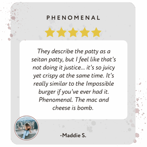 Five-star review from Maddie S. of the vegan burger class