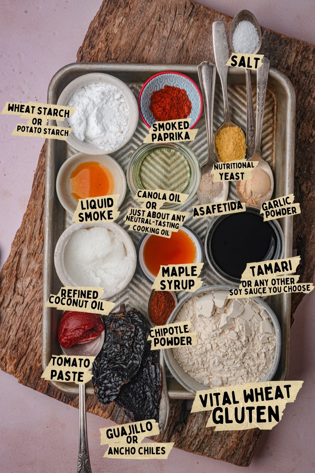 A tray with labeled ingredients for a seitan bacon recipe including vital wheat gluten, spices, oils, tamari, starch, maple syrup, and dried chilies, arranged on a pink surface.