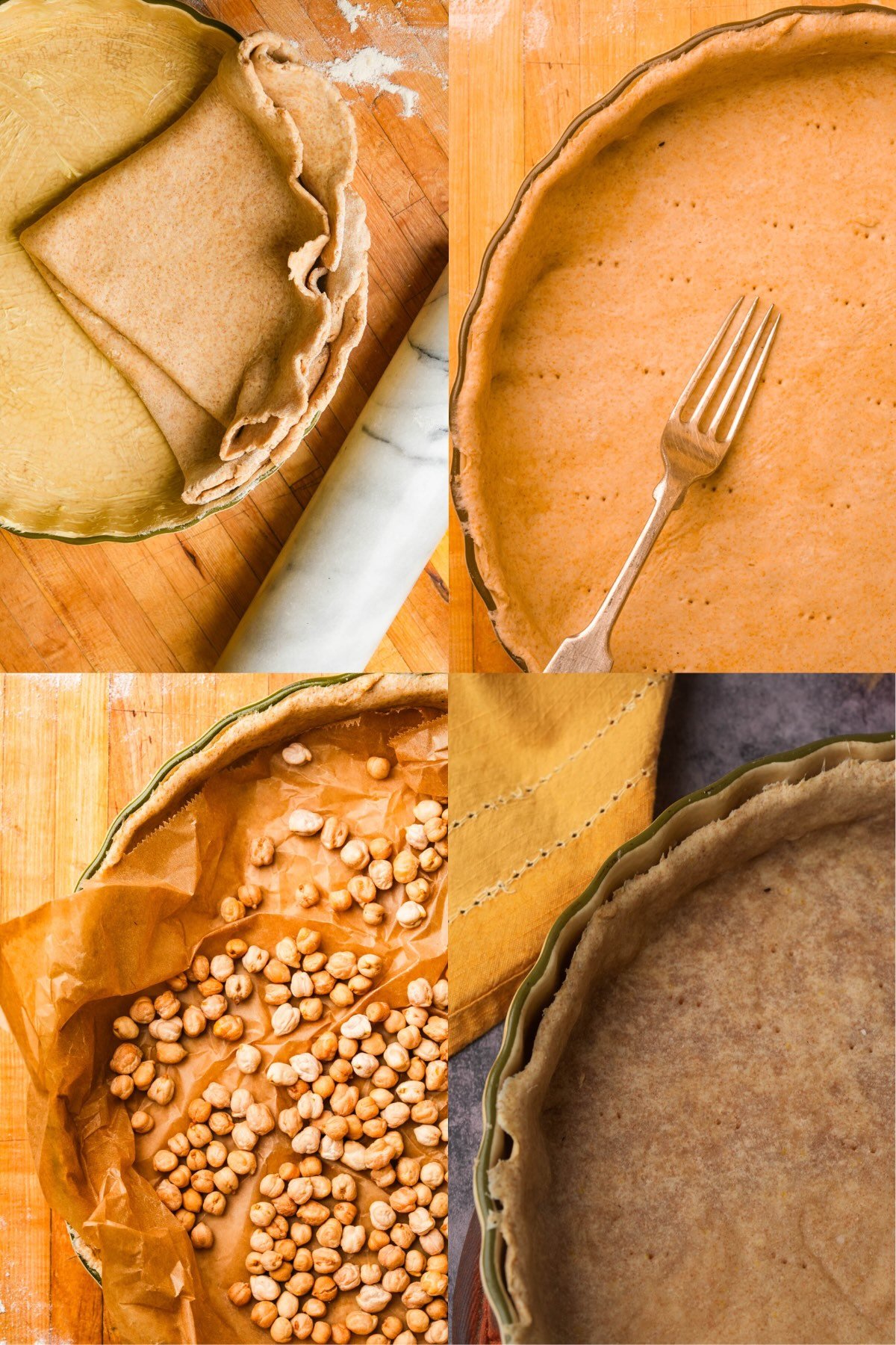 Four-step process of blind baking a vegan quiche crust: fitting dough into pan, docking with fork, weighing with beans on parchment, and finished baked crust.