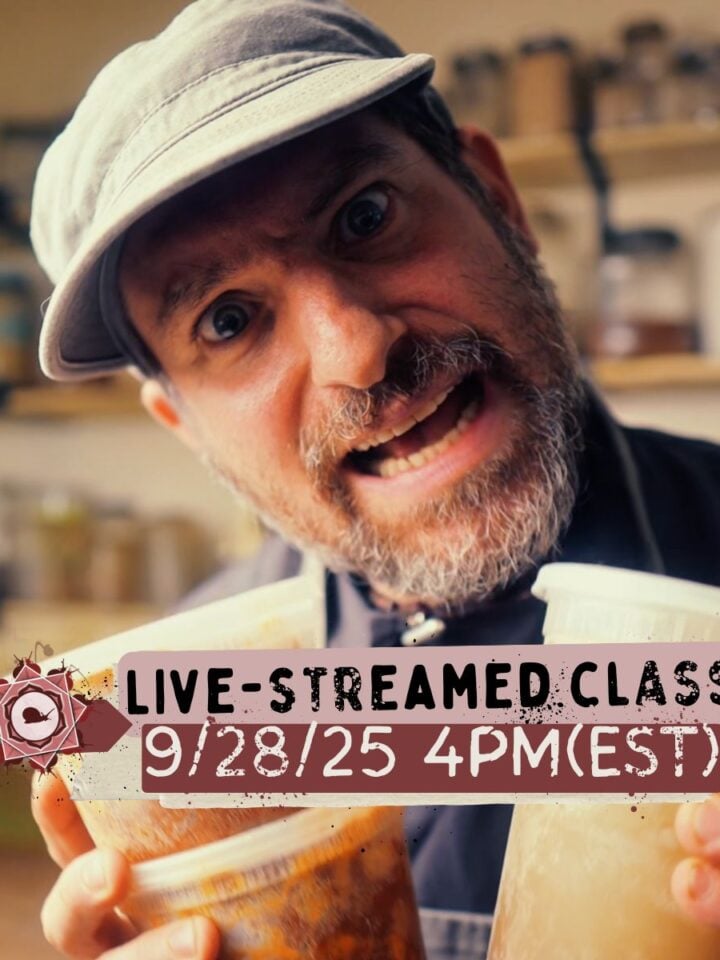 A man in a kitchen holds two containers of food and smiles at the camera. Text reads: "Live-streamed class 9/28/25 4PM (EST).